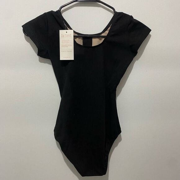 Black Bodysuit with Cap Sleeves and Scoop Neckline - Picture 1 of 4